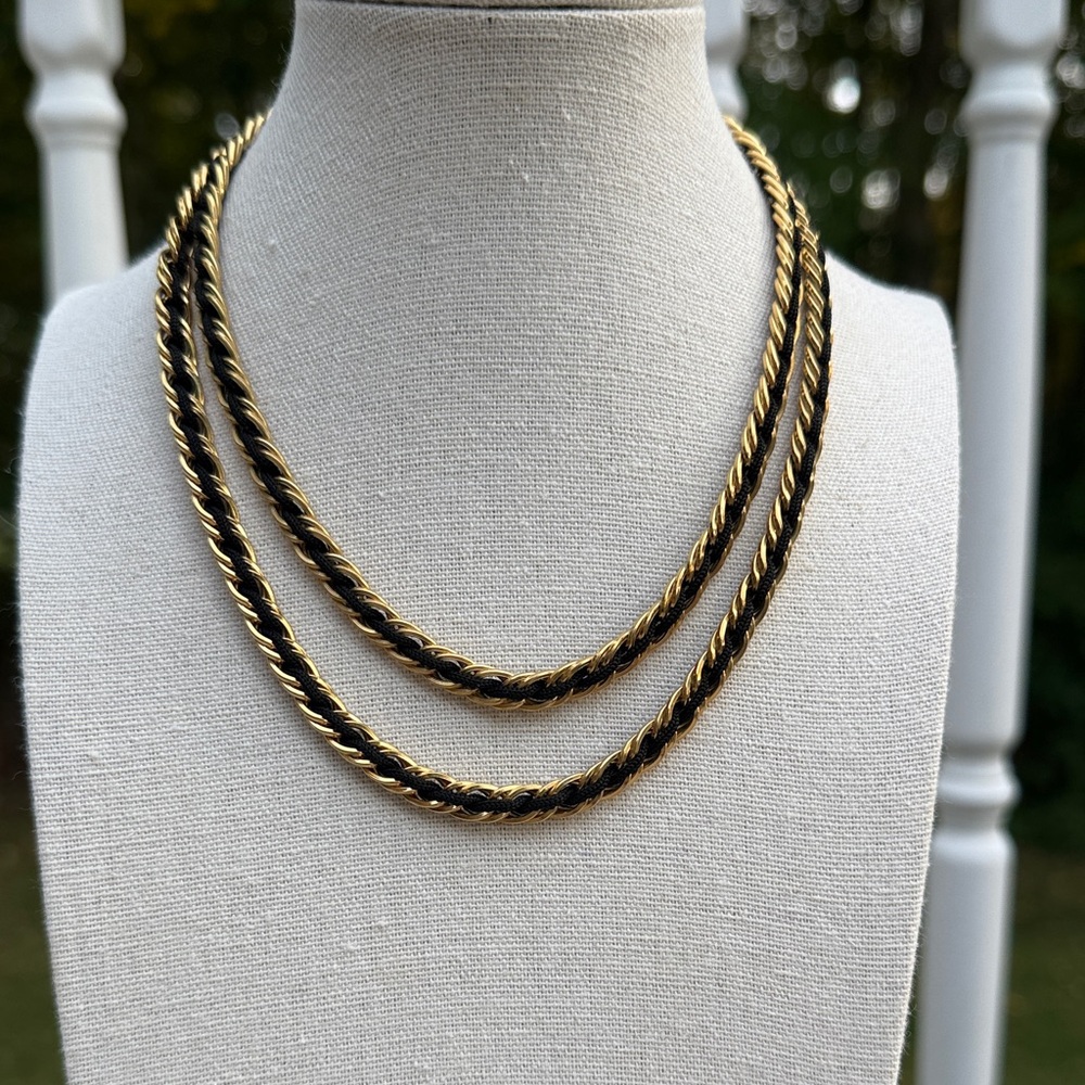 Vintage TRIFARI signed goldtone and black cord woven necklace